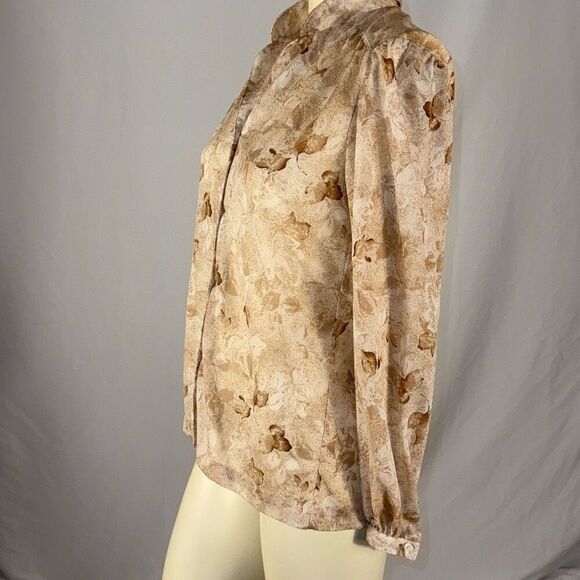 Vintage Tan Cream Sheer Nylon Blend Floral Leaf Button Down Blouse Size 12 - Picture 7 of 10